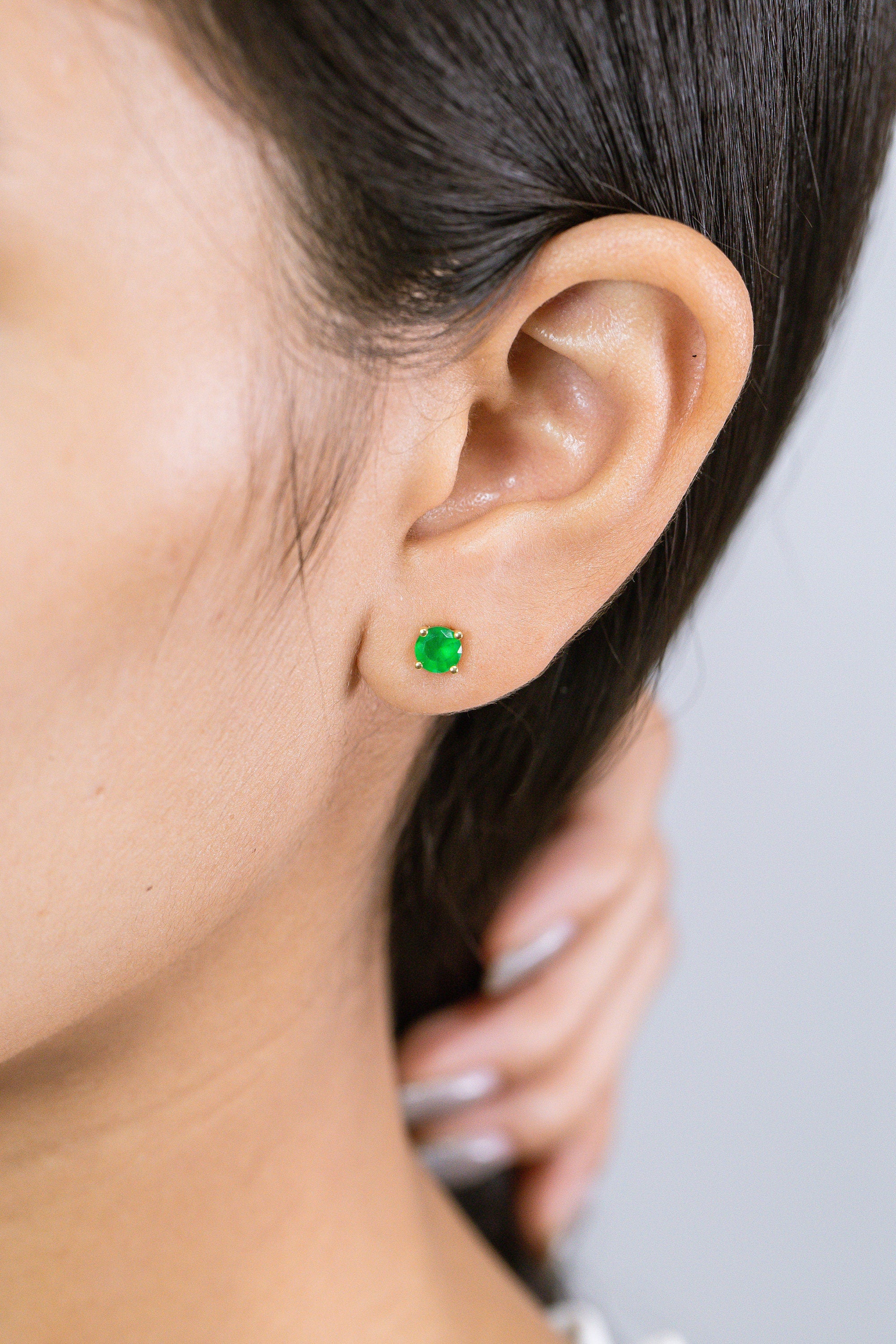 Four Prong Emerald Stud Earrings, May Birthstone Gifts, Starling Silver Emerald Solitaire Earring, Everyday Earrings